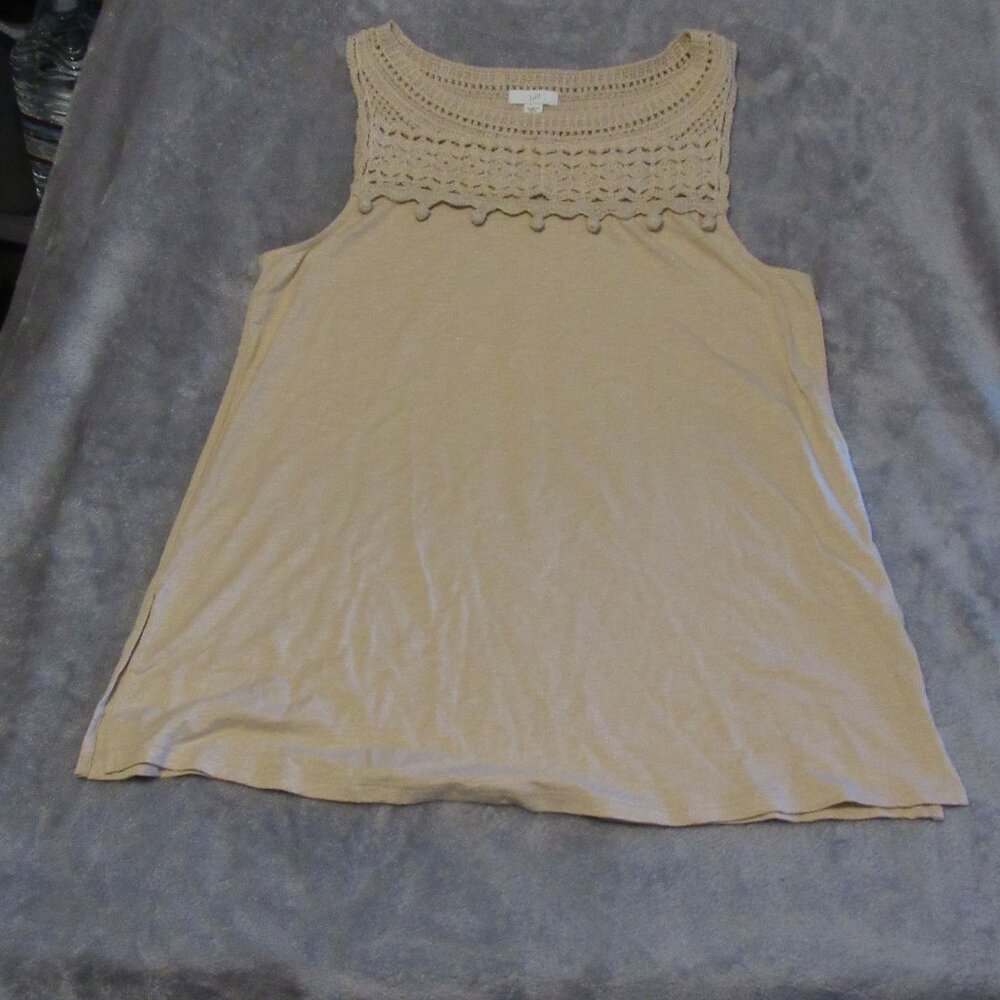 J Jill Womens Sleeveless Top Small Beige Crochet Neck PomPom Trim Boho Casual